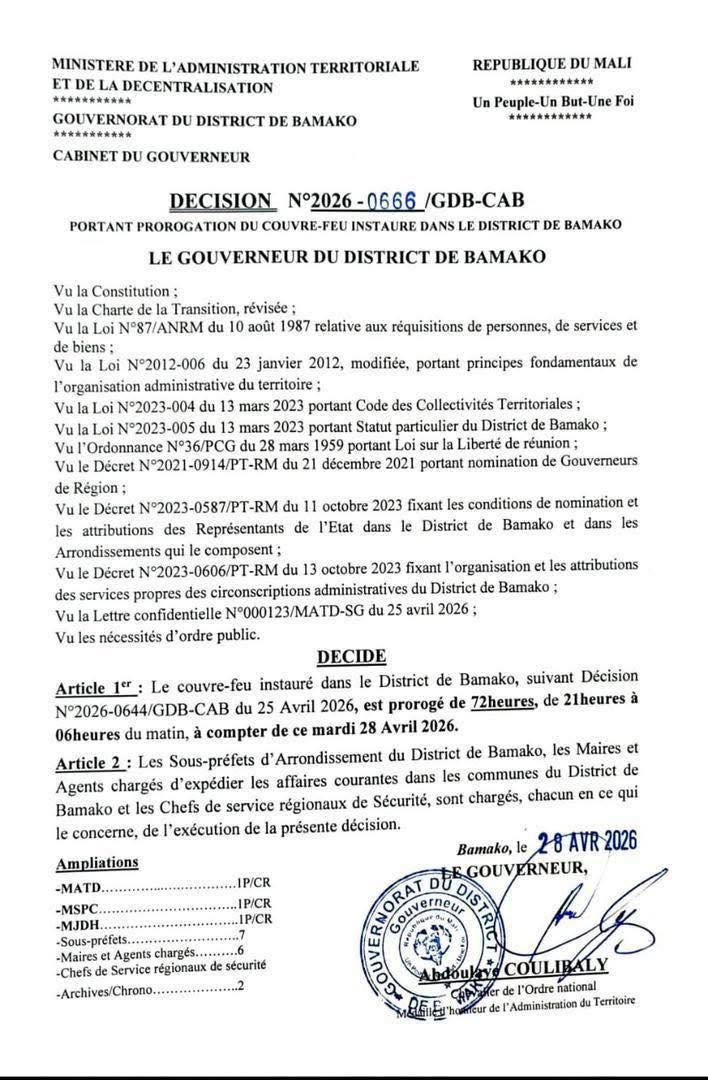 Prorogation du couvre-feu à Bamako